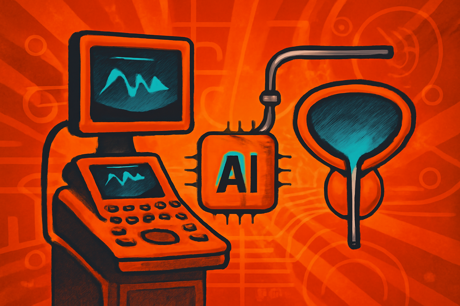 A high-resolution ultrasound screen displays diagnostic data in a modern medical facility where AI technology is used to screen for cancer.