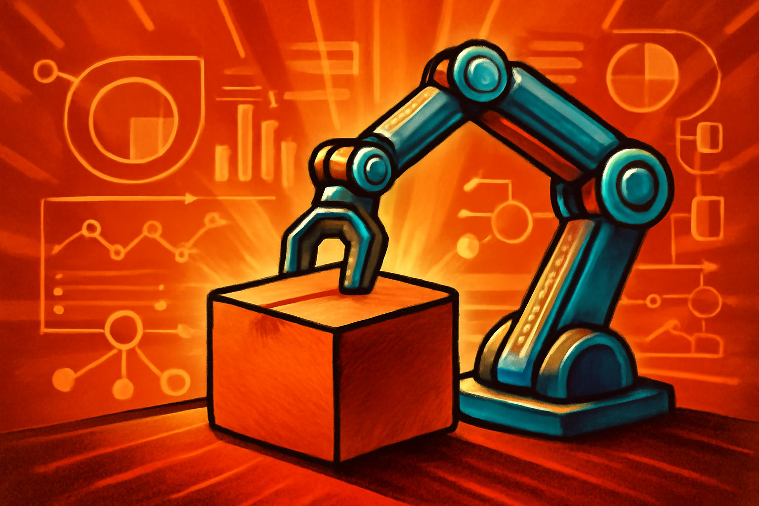 Several robotic arms in a brightly lit industrial facility practicing manual tasks like packing boxes and handling fabrics.