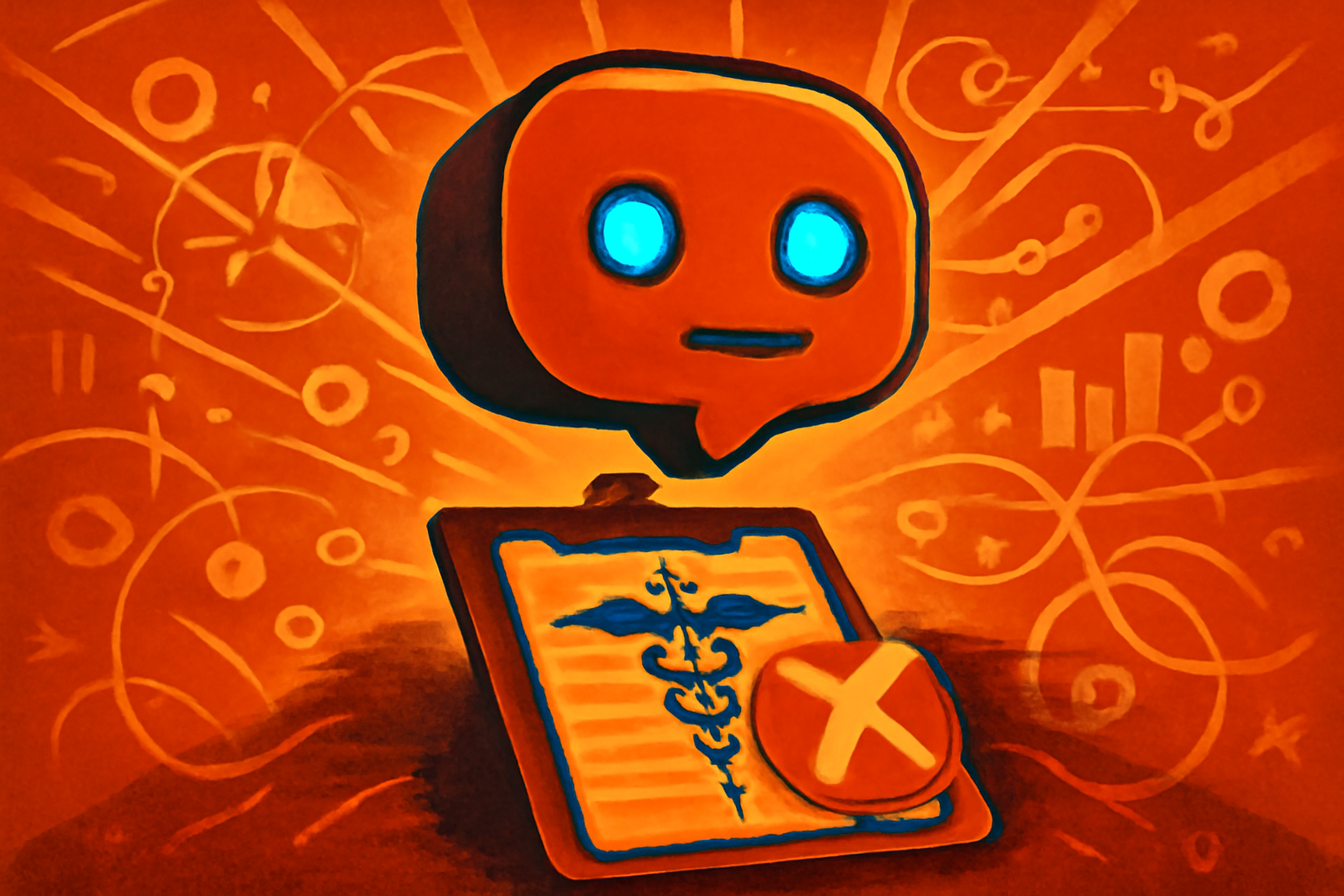 A close-up of a person's hand holding a smartphone displaying a chat interface with a red warning icon, set against a blurred medical office background.