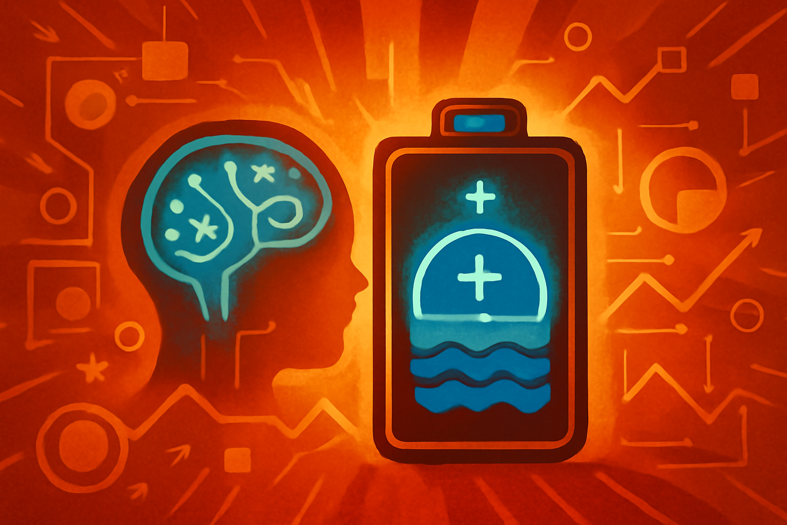 A digital visualization of a sodium-ion battery with blue glowing connections representing an artificial intelligence network overlay.