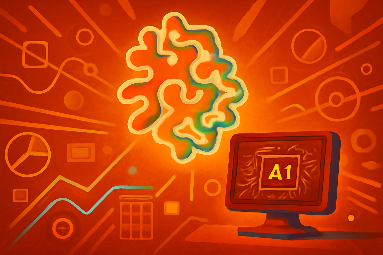 A 3D digital visualization of a protein structure showing intricate ribbon folds, overlaid with glowing blue and white data points representing AI analysis.