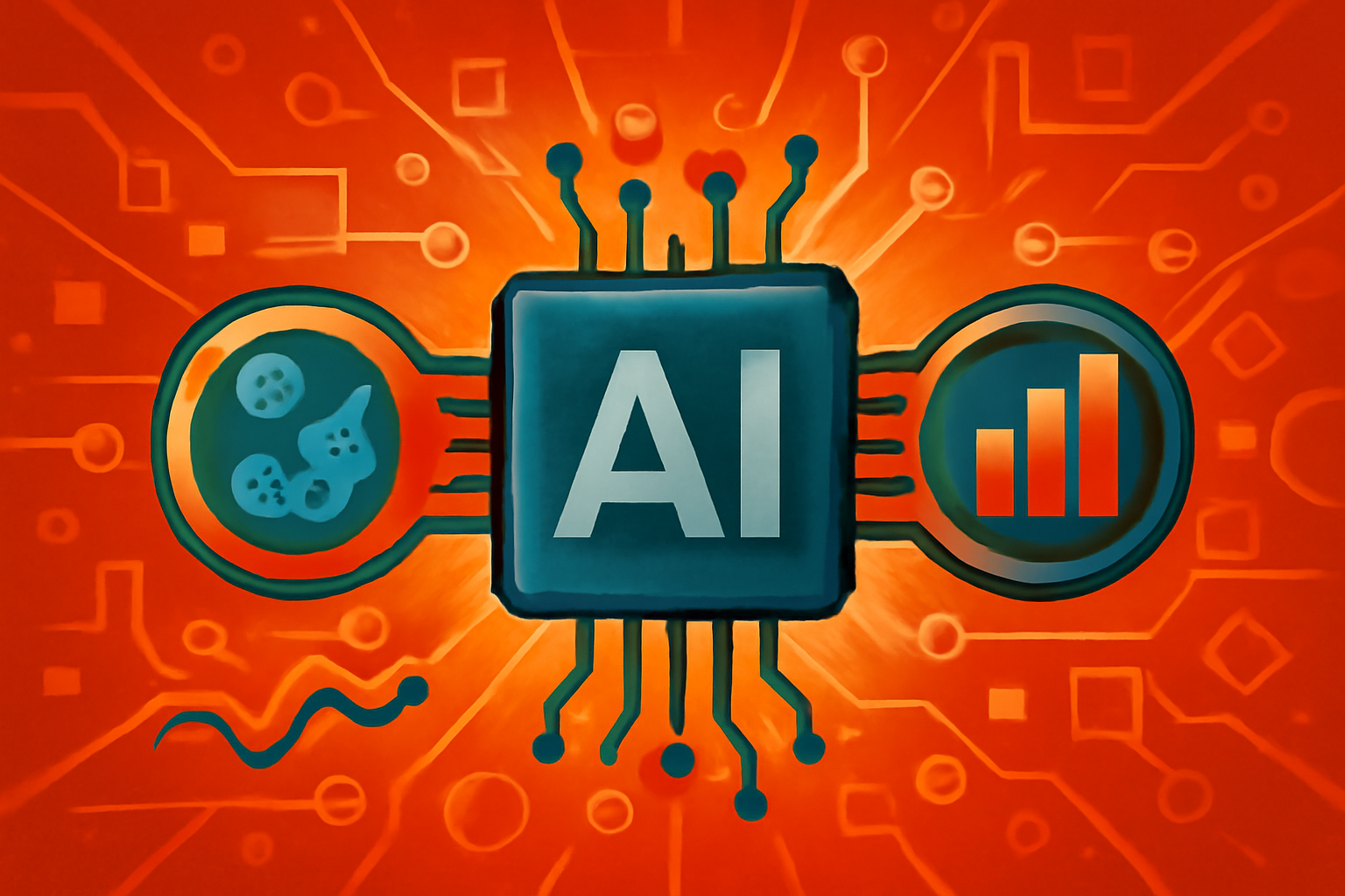 A digital visualization of a biological cell on a computer screen within a modern medical research lab, representing AI-driven drug discovery.