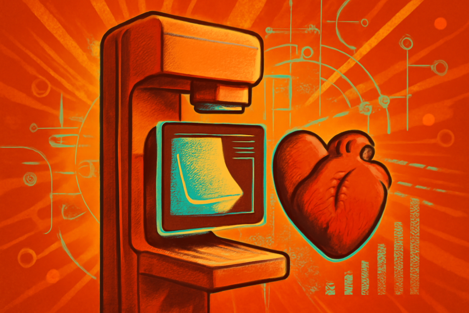 A medical professional reviews a digital mammogram scan where an AI system has highlighted calcium deposits in the arteries to help predict the patient's risk of heart disease.