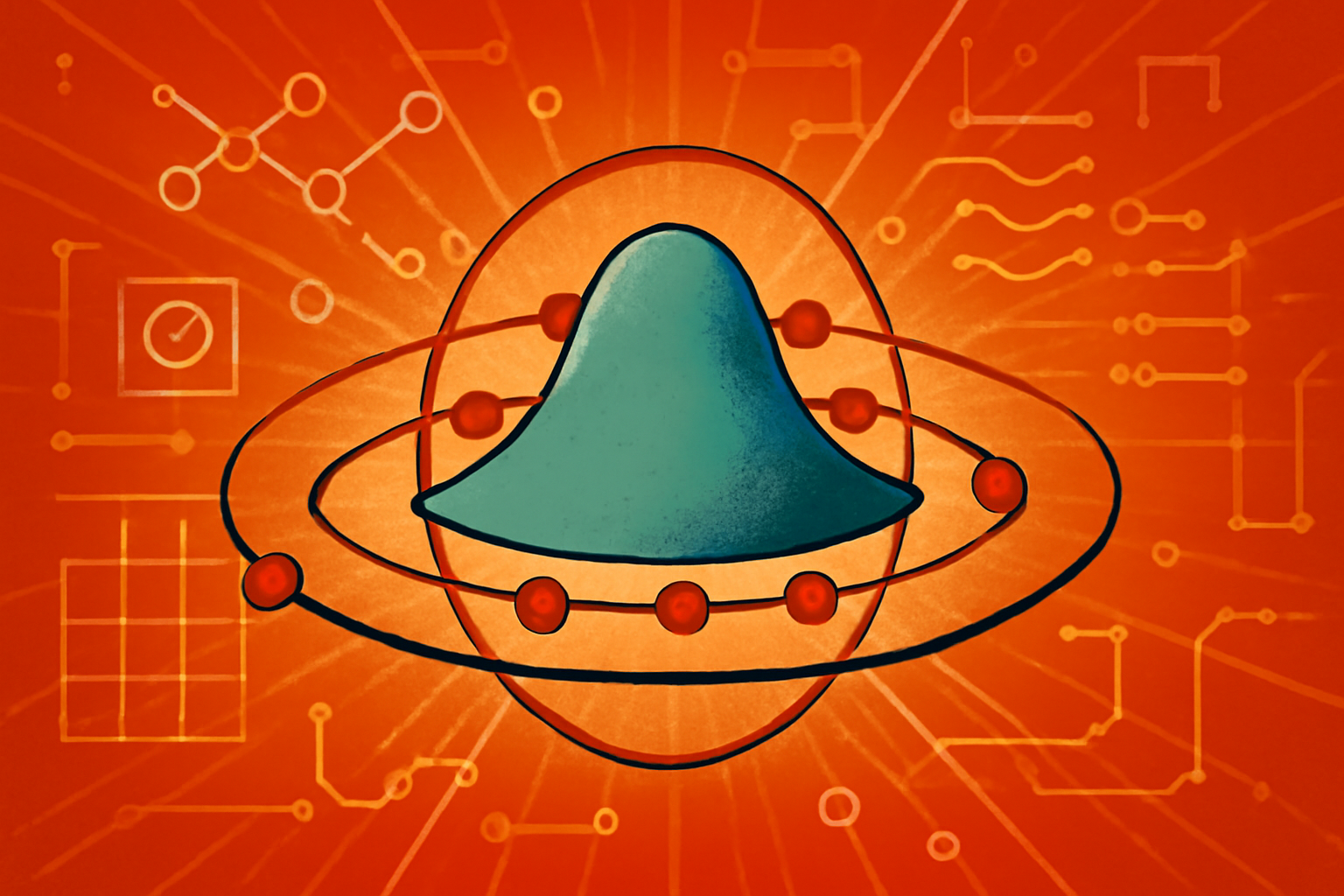 A 3D scientific visualization of an atomic nucleus made of small red and blue spheres. The collection of spheres is distorted into a non-spherical, exotic shape, glowing slightly against a black background.