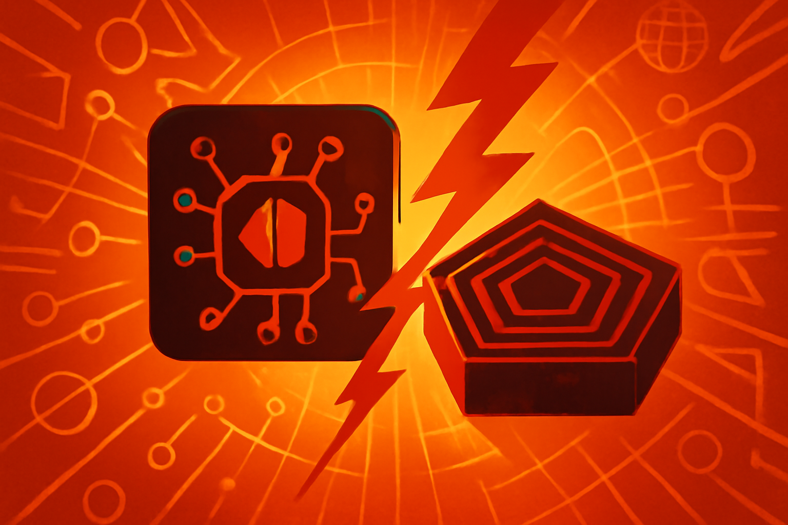 An editorial illustration of the Pentagon building with a digital shield and a warning sign about supply chain risks.