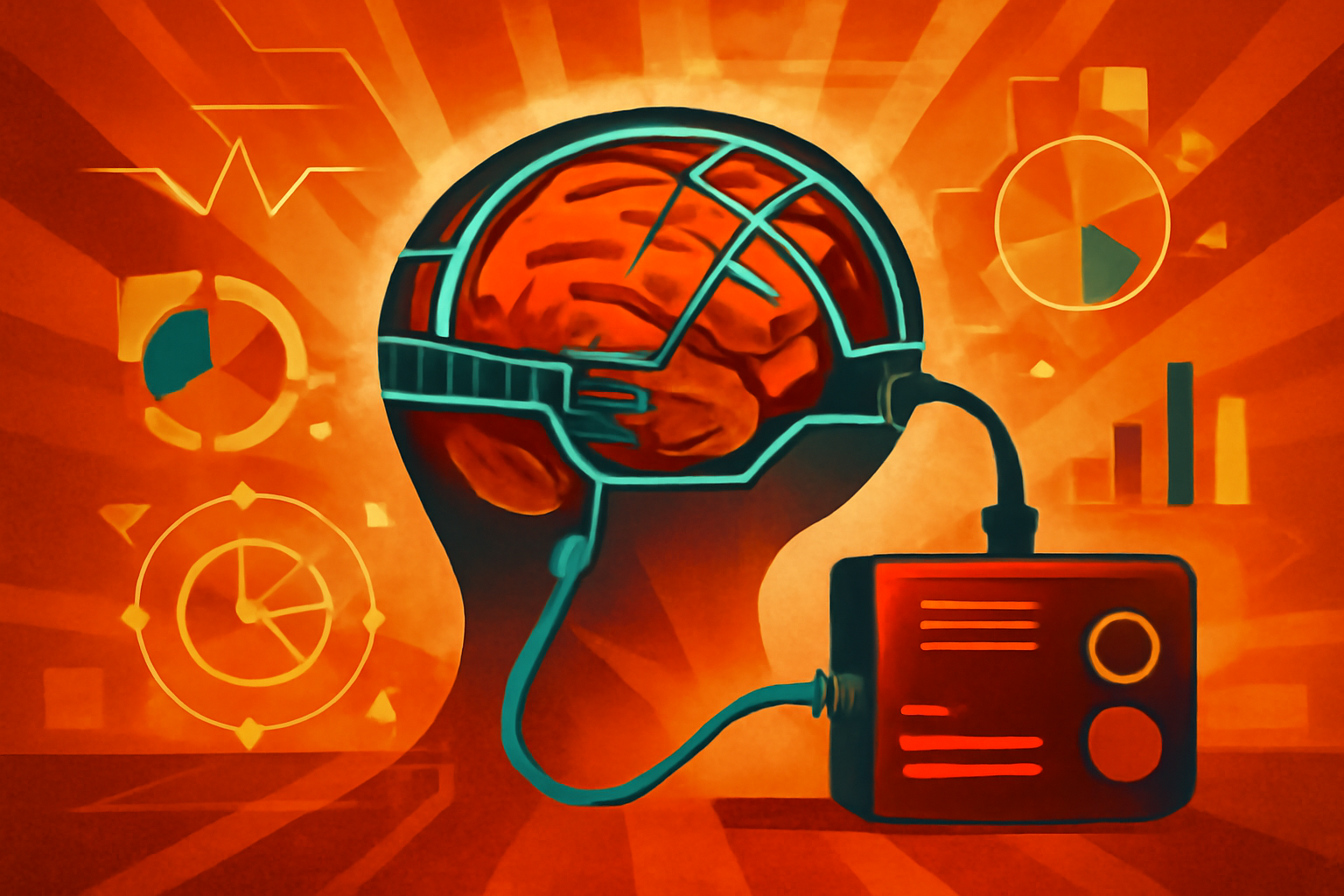 A digital illustration of a human head profile with illuminated neural pathways connected to blue data lines, representing brain-computer interface technology.