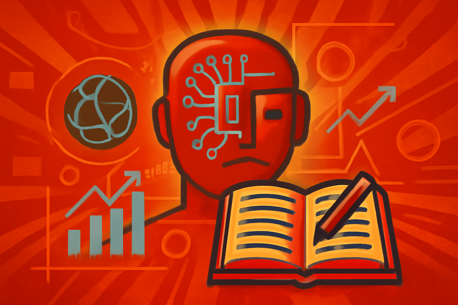 Digital illustration of academic papers being generated by computer code on a monitor in a research setting.