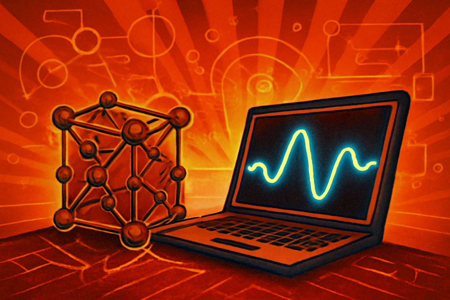 A conceptual 3D visualization of a crystal structure with bright ion pathways, overlaid with digital data streams representing artificial intelligence analysis in a scientific setting.