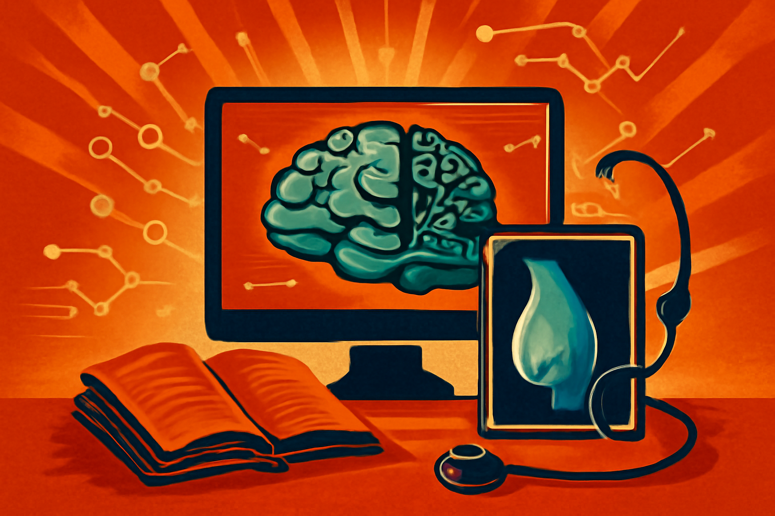 A computer monitor in a research laboratory displays a medical mammogram with artificial intelligence data overlays.