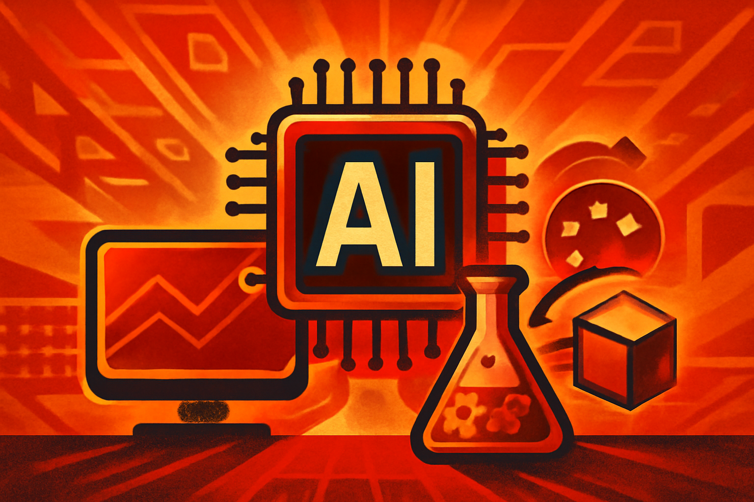 A futuristic automated laboratory where robotic arms and digital interfaces work together to discover new materials and chemical compounds.