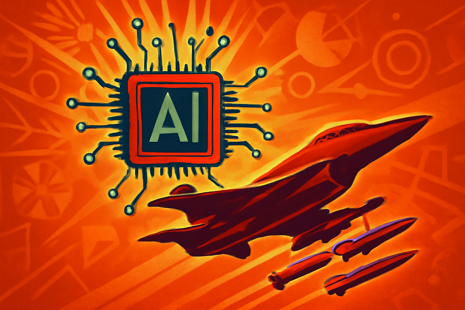 A modern military command center with tactical maps on large screens and a digital AI interface displaying data streams.