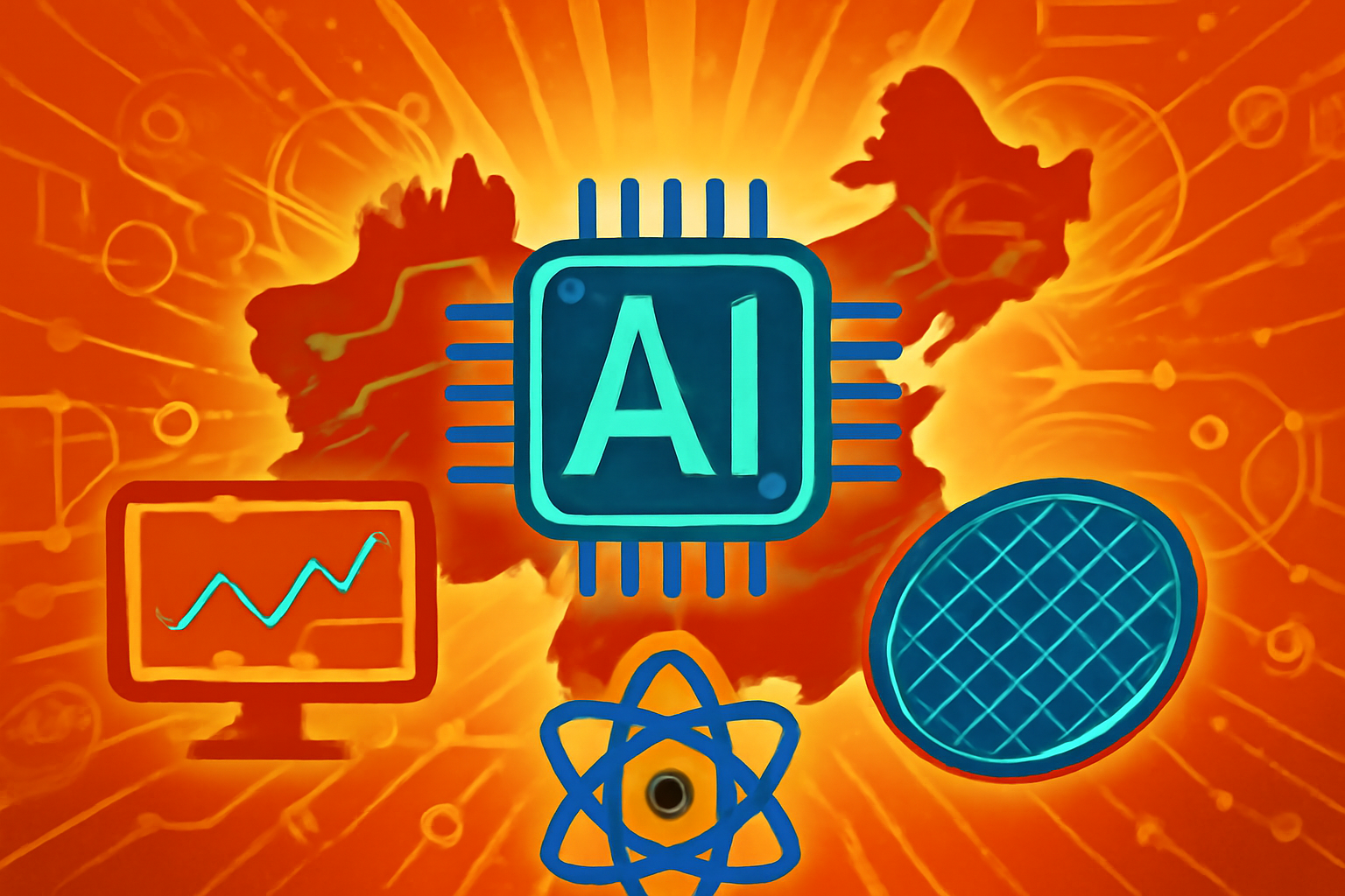 Digital visualization of Chinese architectural elements blended with holographic neural networks and semiconductor patterns to represent the 15th Five-Year Plan.