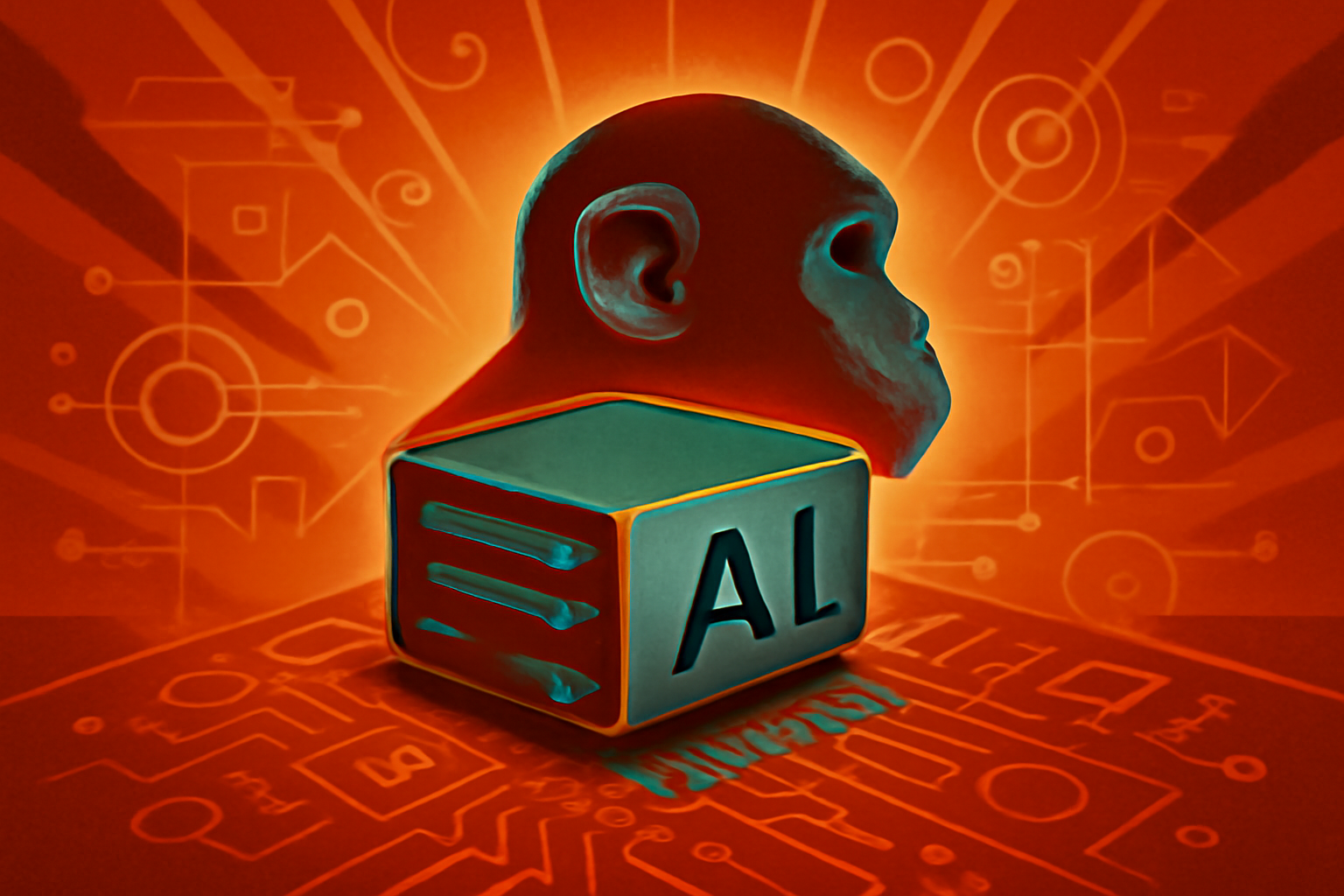 A 3D scientific illustration showing the transition from complex biological neurons to a simplified, glowing digital circuit representing compressed AI architecture.