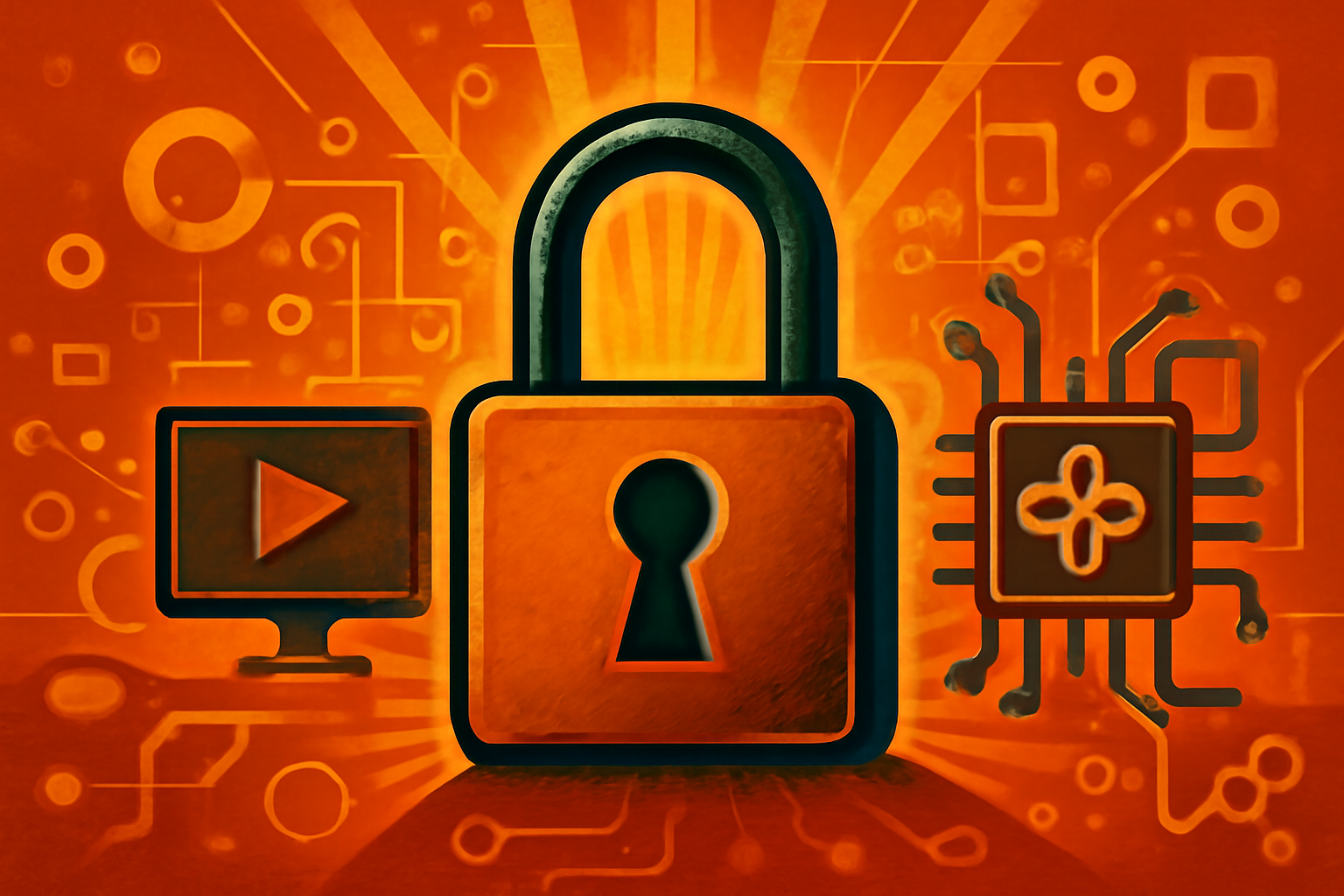 A stylized digital visualization of a secure padlock icon integrated into a glowing blue quantum circuit grid to represent advanced cybersecurity.