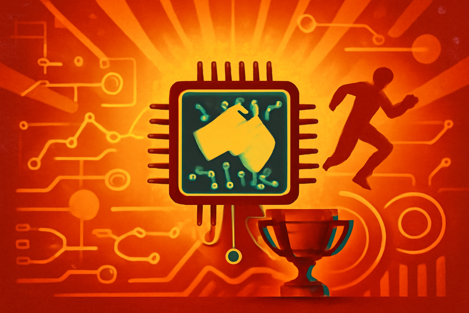 A digital data overlay showing motion tracking and biometric analysis on an athlete at an Australian sports facility, representing new AI guidelines.