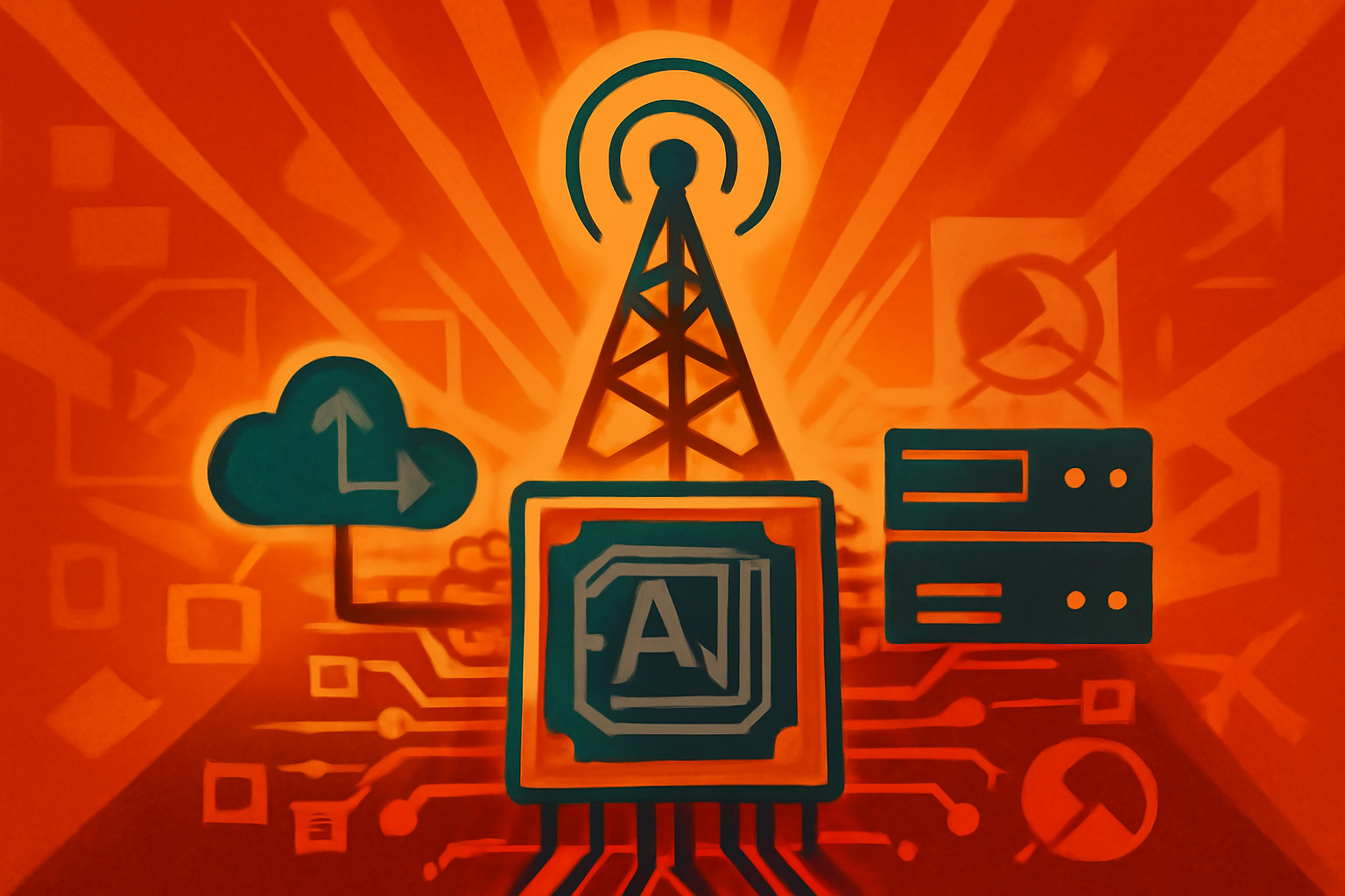 A digital visualization of a 6G network grid inside a modern data center with blue and green lighting.
