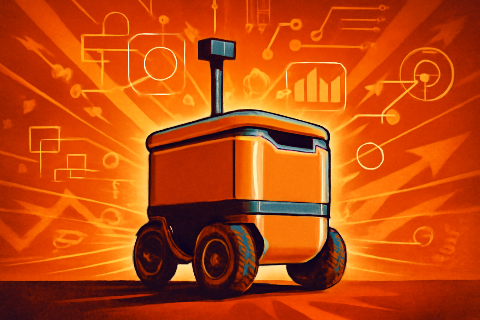 A Coco 2 autonomous delivery robot navigating a Los Angeles bike lane under a bright sky.