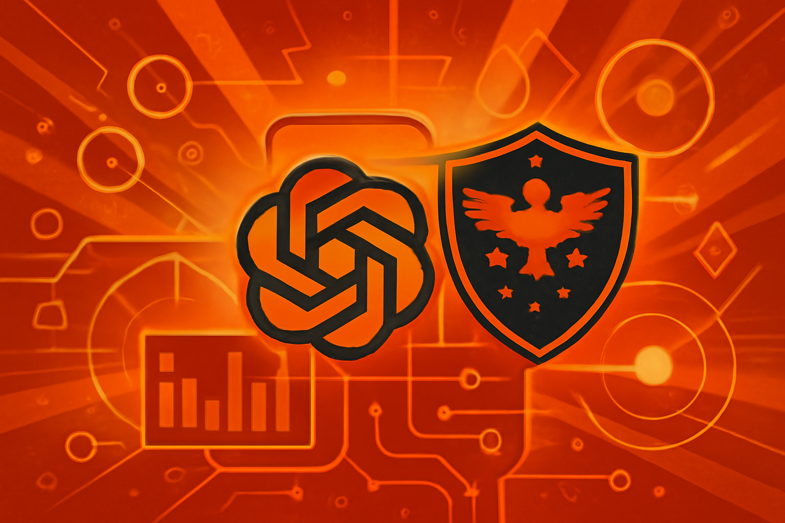 A high-tech server room with glowing blue lights and digital network overlays representing artificial intelligence in a defense setting.