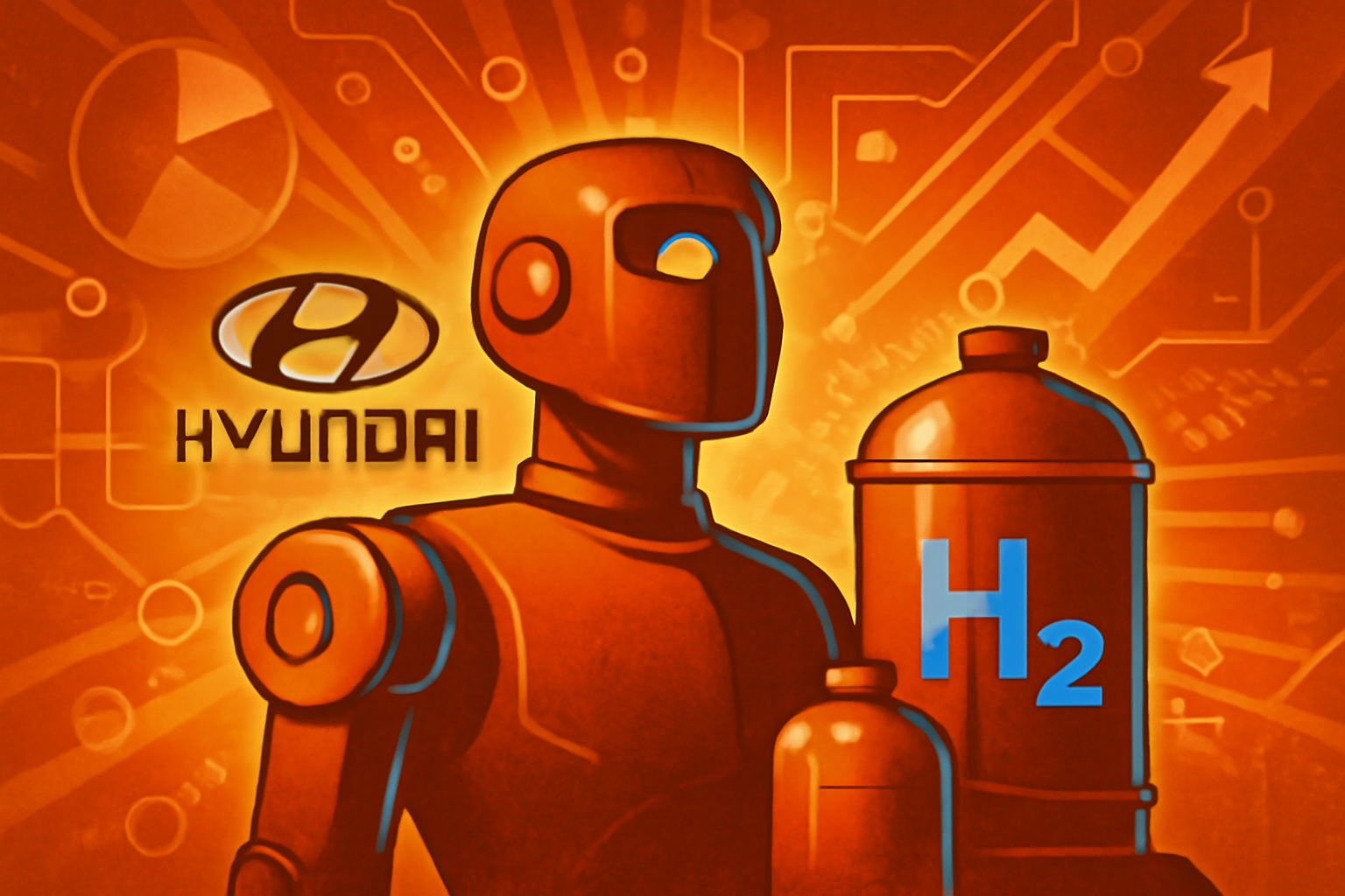 A futuristic industrial facility featuring solar panels, hydrogen tanks, and a robotic arm in a clean, modern laboratory setting.