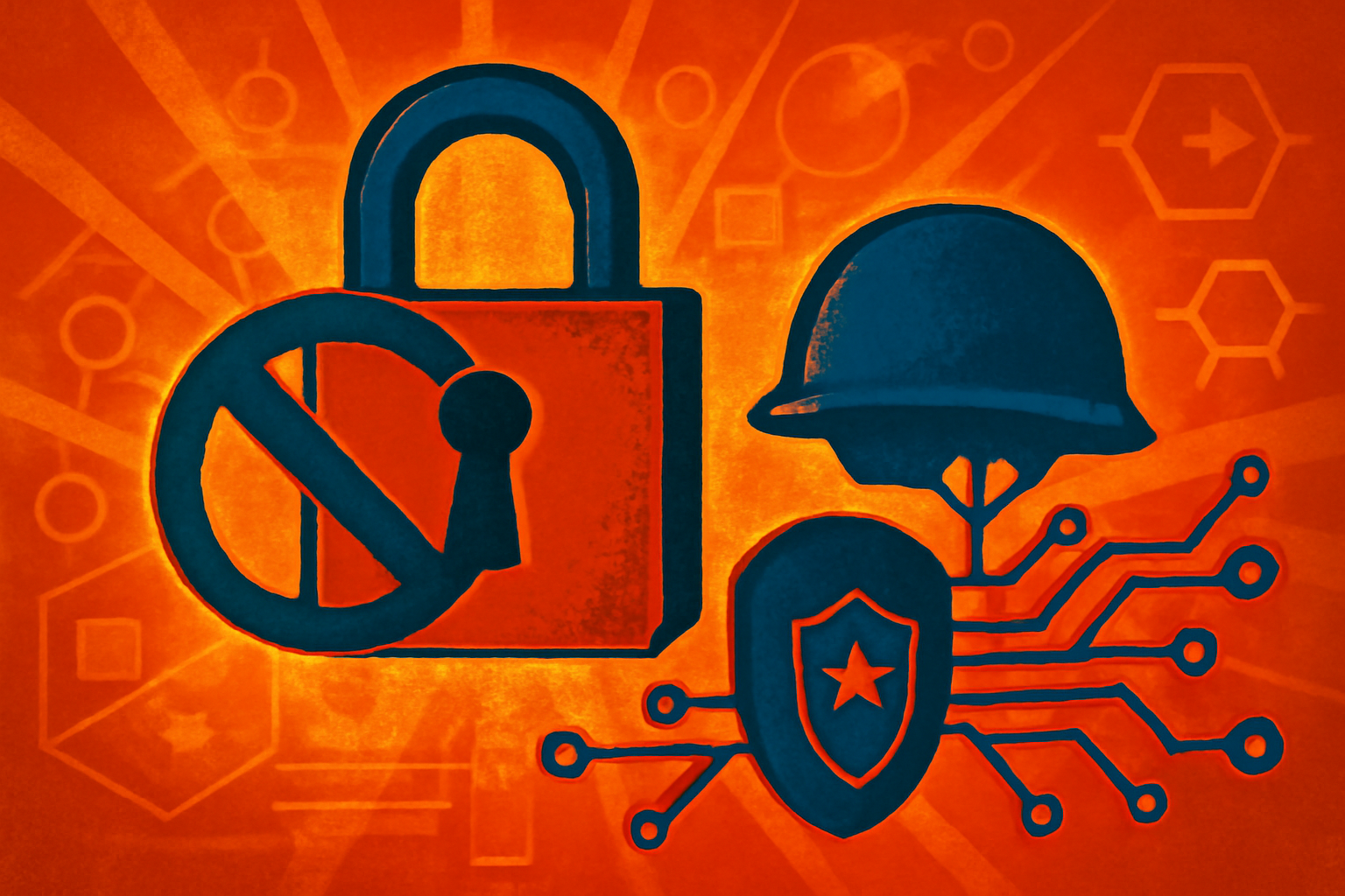 A stylized editorial image of high-tech servers in a dark data center, illuminated by blue and red lights with a faint US flag motif in the background.