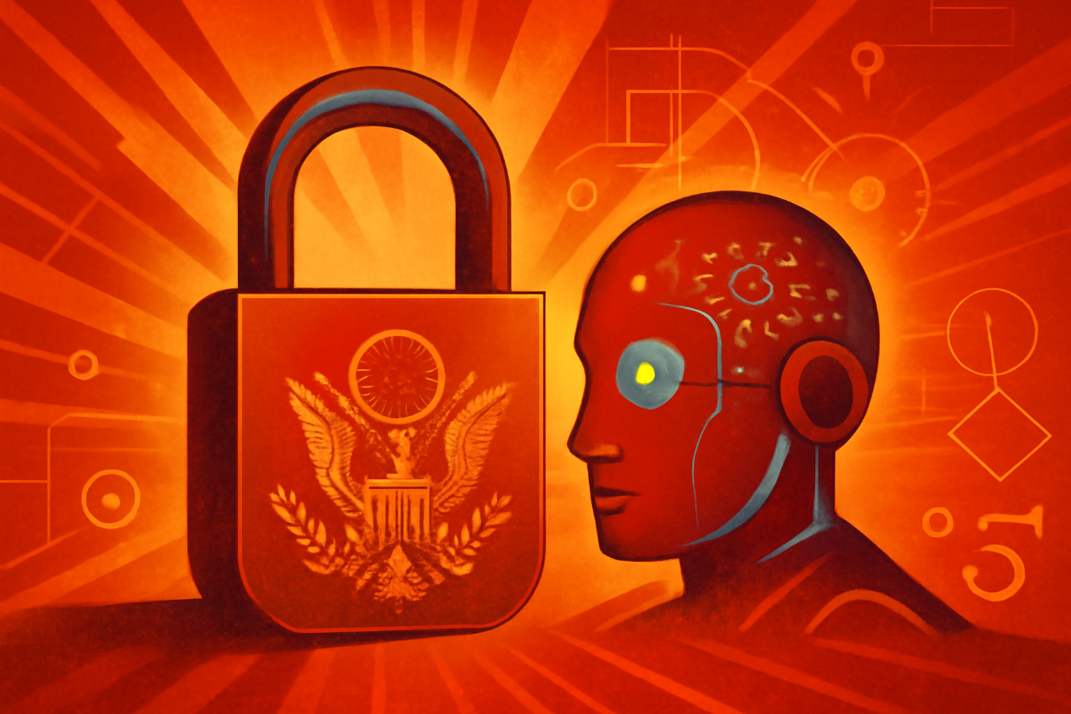 The Pentagon building with a digital overlay representing artificial intelligence networks and data connections.