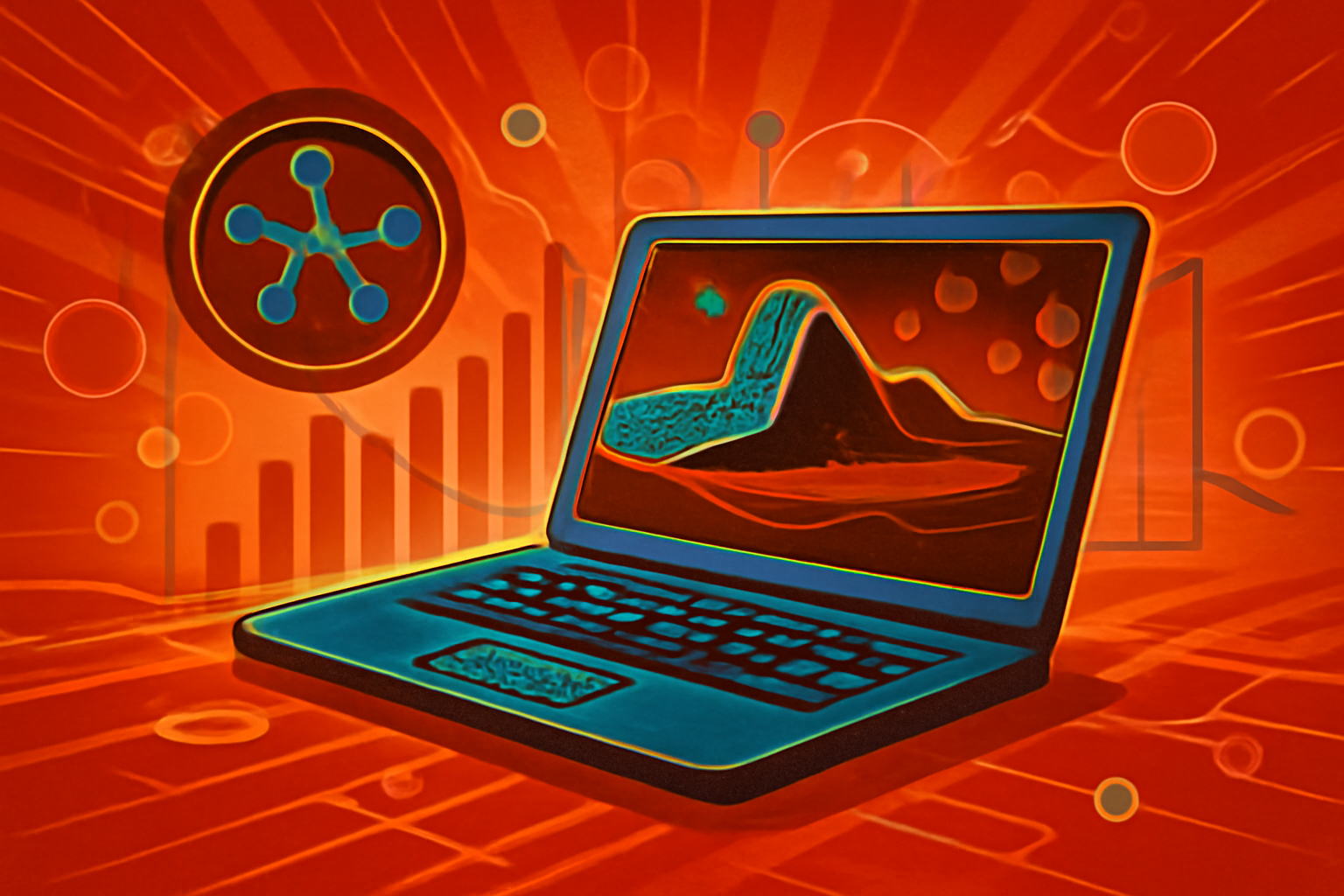 A 3D digital visualization of the Cascadia Subduction Zone coastline with a blue data grid overlay representing an AI-powered tsunami forecasting model.