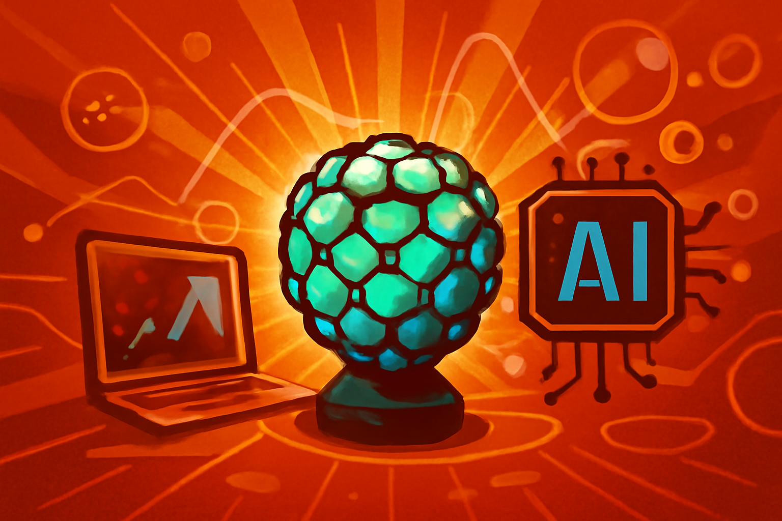 A macro 3D visualization of a porous zeolite catalyst structure with glowing blue digital light patterns representing machine learning analysis.