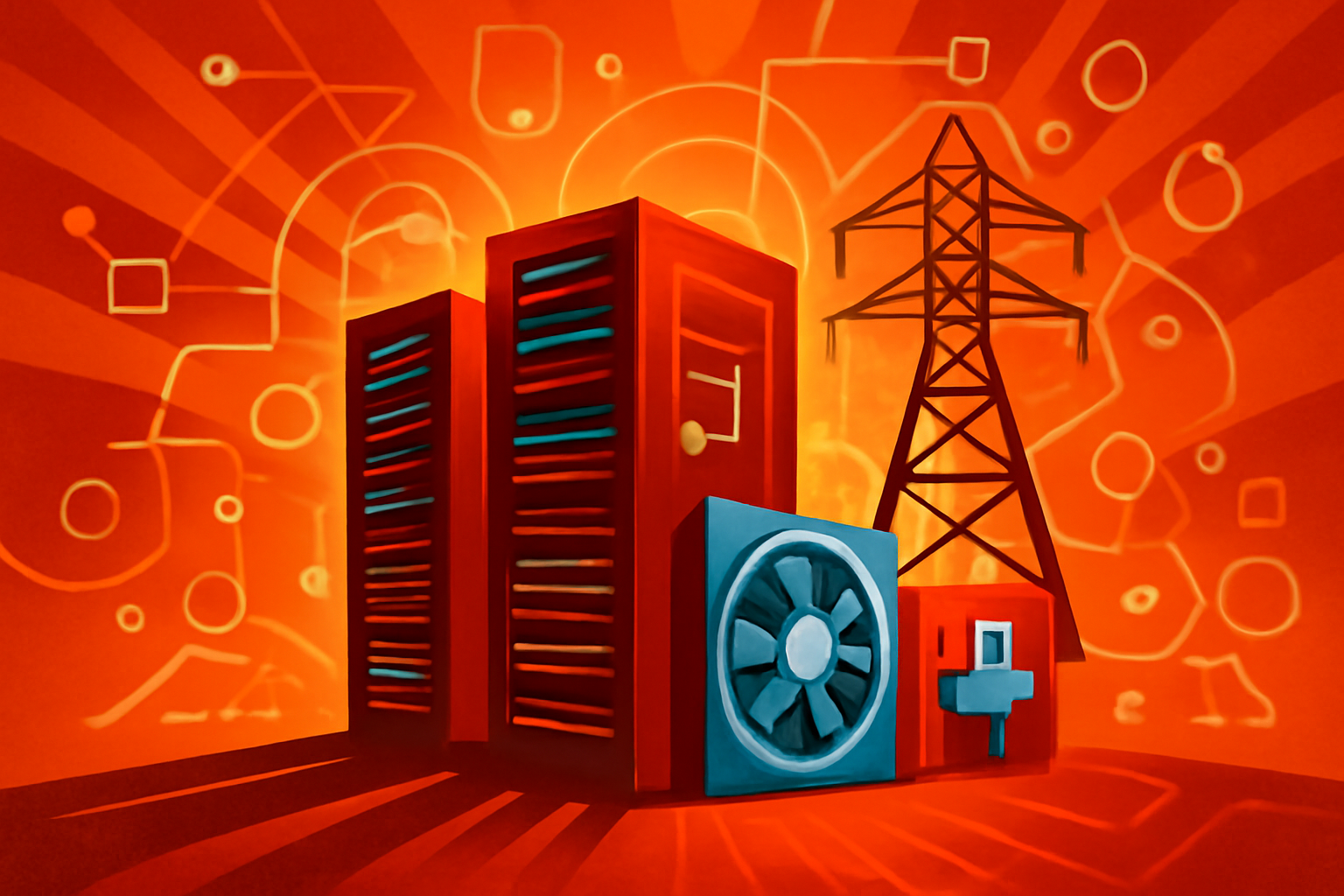 A wide-angle view of a modern data center with rows of illuminated server racks and industrial cooling infrastructure.