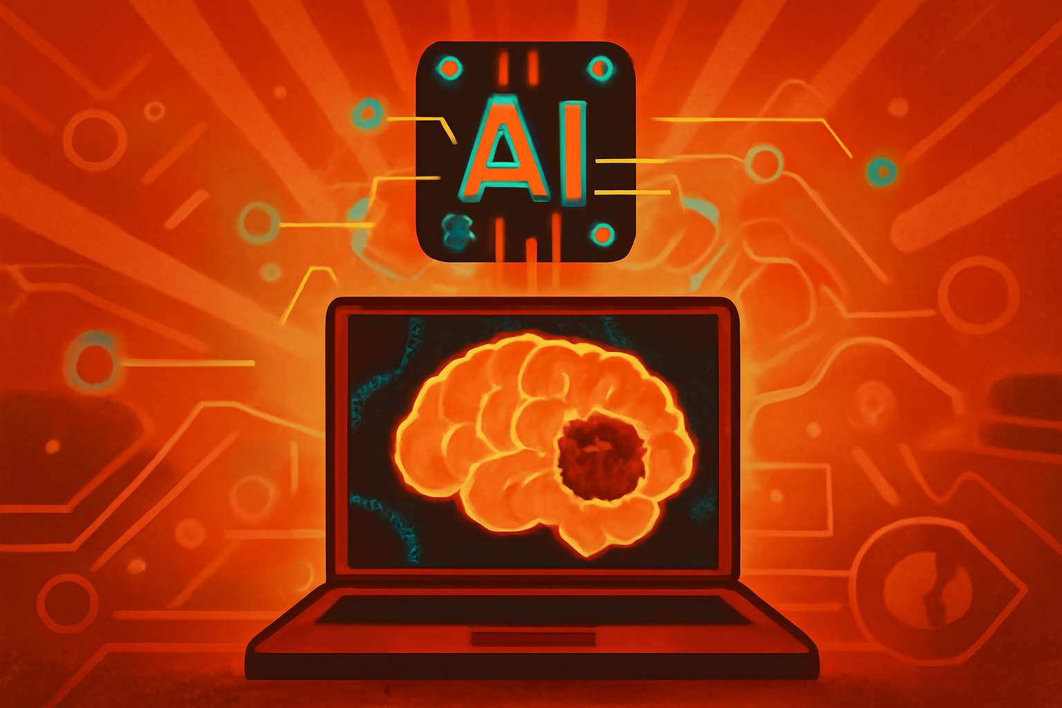 A medical monitor in a surgery suite displaying an AI-enhanced brain scan with color-coded tumor detection markers.