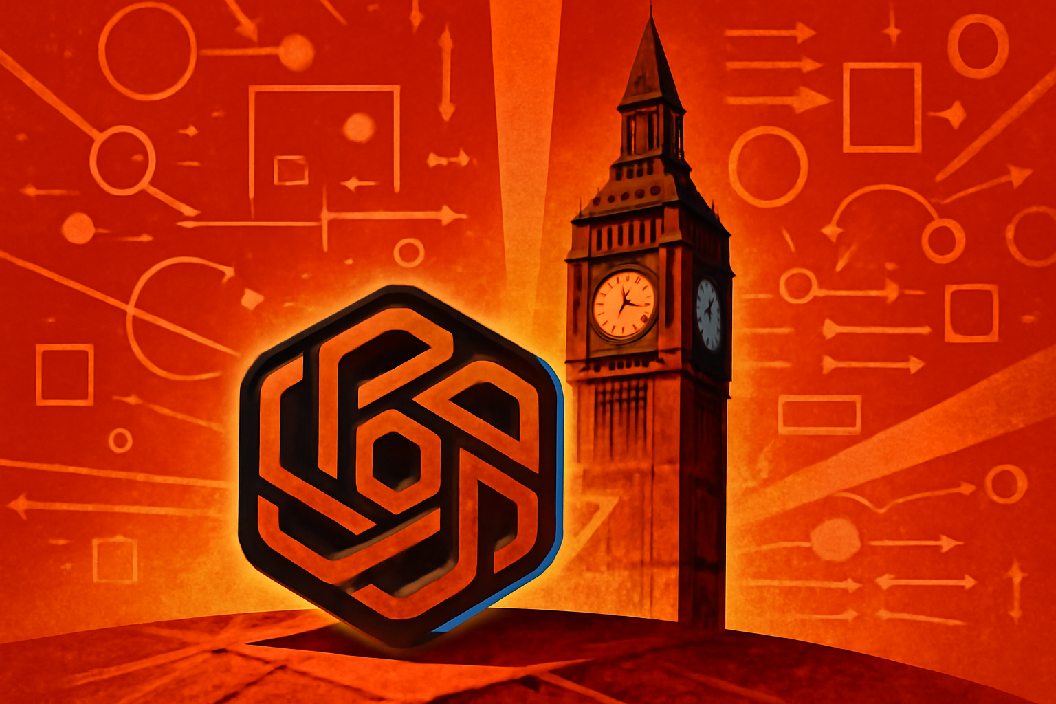 A modern glass office entrance in London with city architecture and a red bus visible in the soft-focus background.