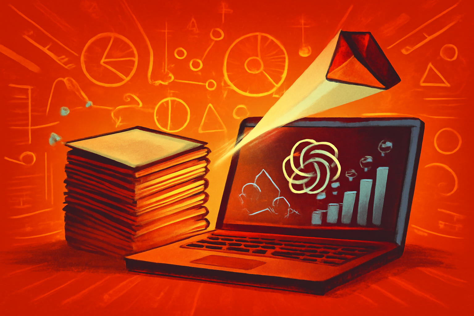 A digital illustration showing a massive stack of scientific papers pouring out of a laptop screen, symbolizing the surge in AI-generated research submissions and the pressure on peer review.