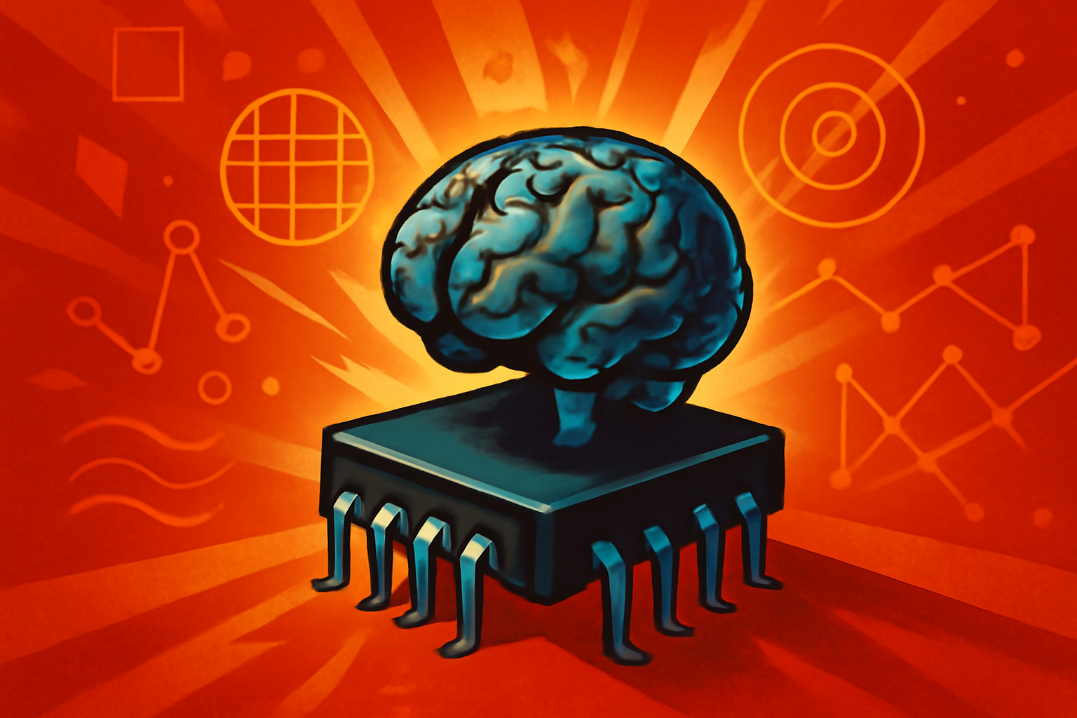 A conceptual digital illustration showing a glowing, compact circuit board integrated with a primate brain structure, representing a miniaturized AI model of the visual system.