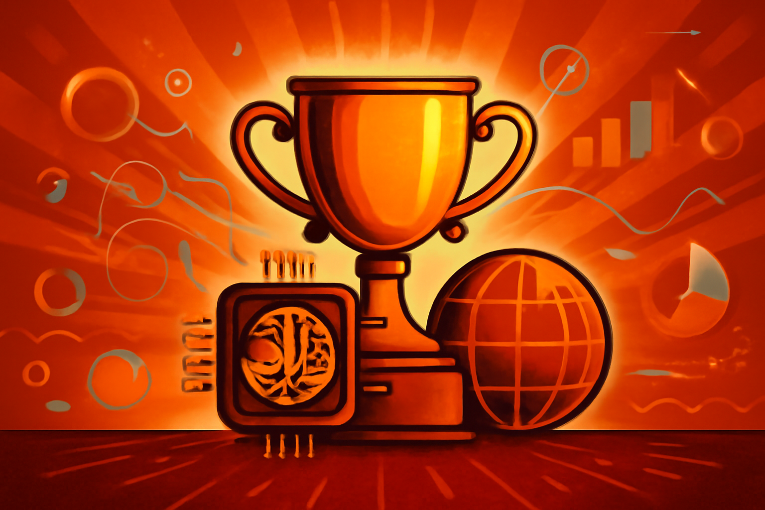 A futuristic digital illustration of an AI brain interface surrounded by icons for DNA, sustainability, and manufacturing, representing scientific discovery.