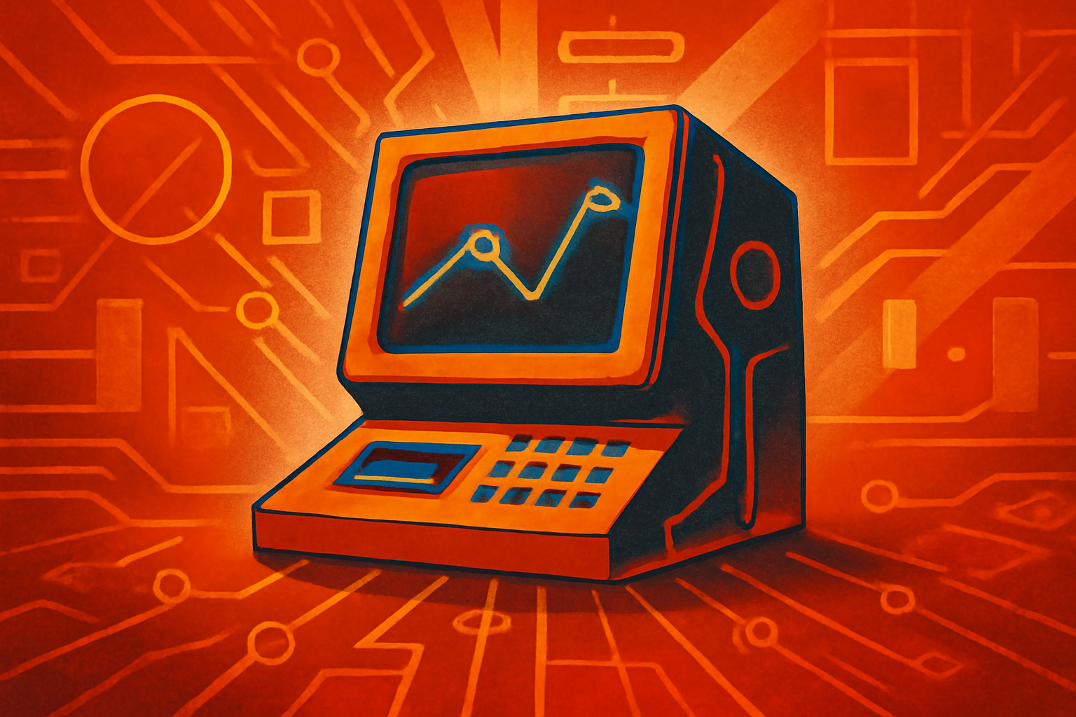 A close-up of a high-tech microprocessor held by tweezers in a dark laboratory, featuring glowing red and blue light patterns that symbolize international technology competition.