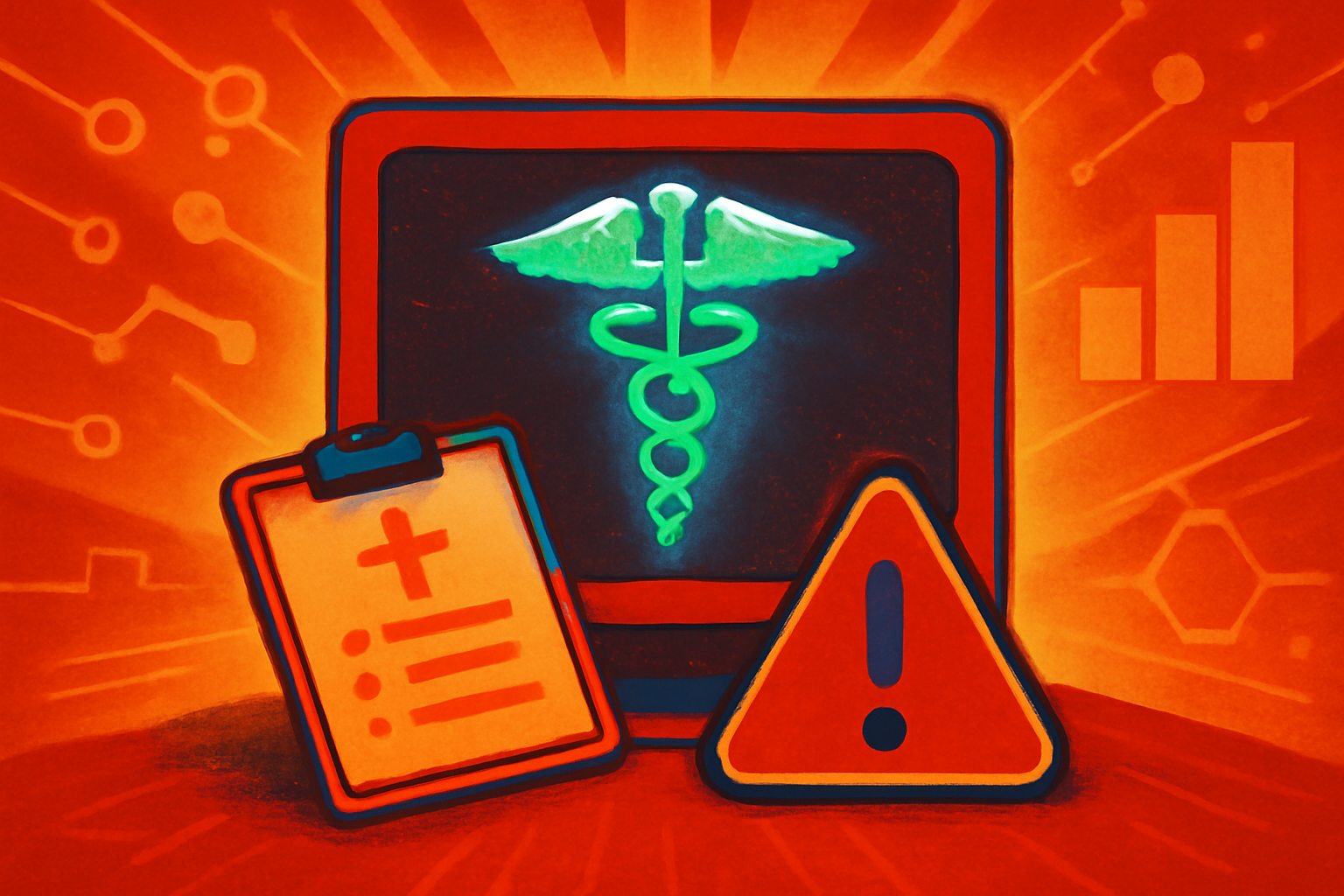 A smartphone screen showing a medical chatbot with a red warning icon, held in a hospital setting.