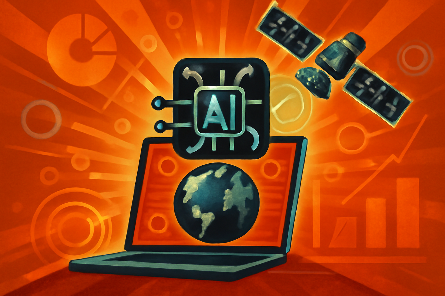 A digital illustration of a satellite in space projecting a grid of data over a map of the Earth, symbolizing AI analysis of environmental conditions.