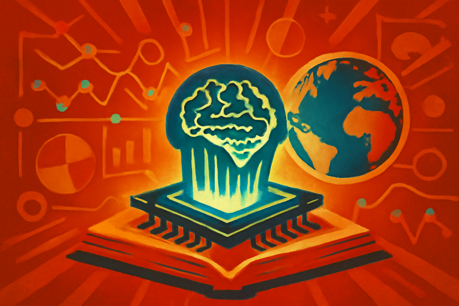 A futuristic digital graphic showing a human brain icon and a leaf icon connected by glowing circuit lines, representing AI applications in health and climate science.