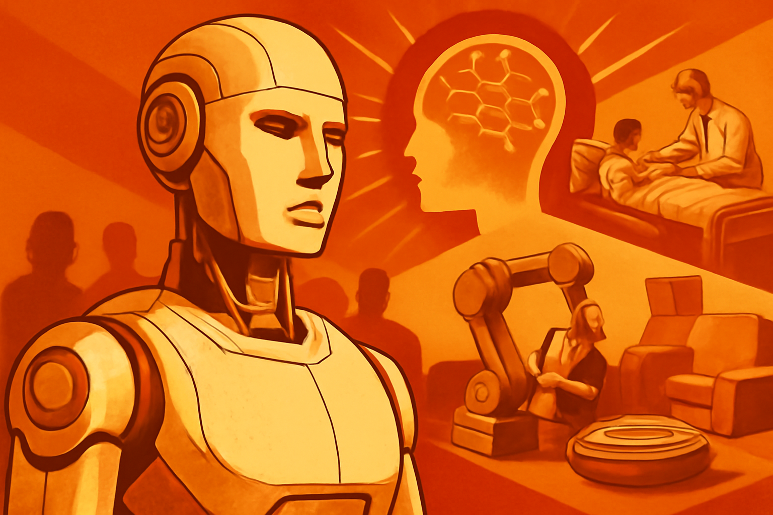 A sophisticated humanoid robot stands in a futuristic laboratory, surrounded by holographic data projections and modern industrial equipment.