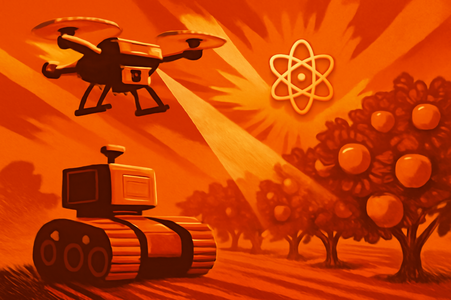 A high-tech ground robot and an aerial drone operating within an apple orchard at dusk.