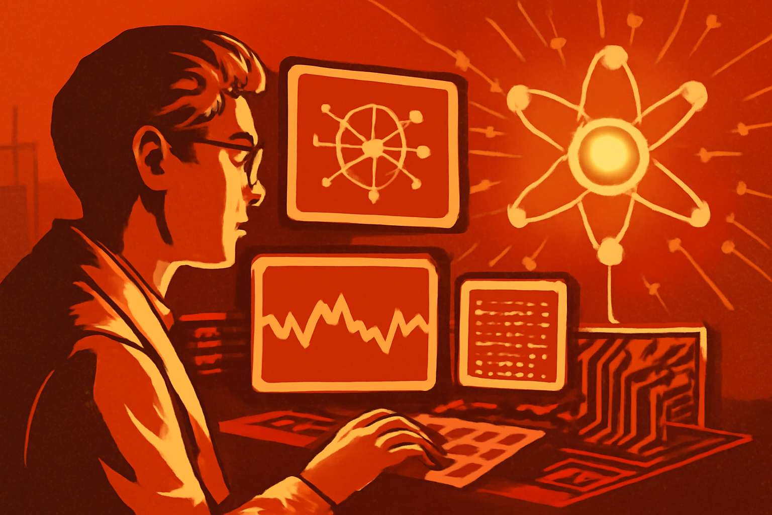 Close-up of a golden quantum computing structure with complex wiring inside a high-tech laboratory setting.