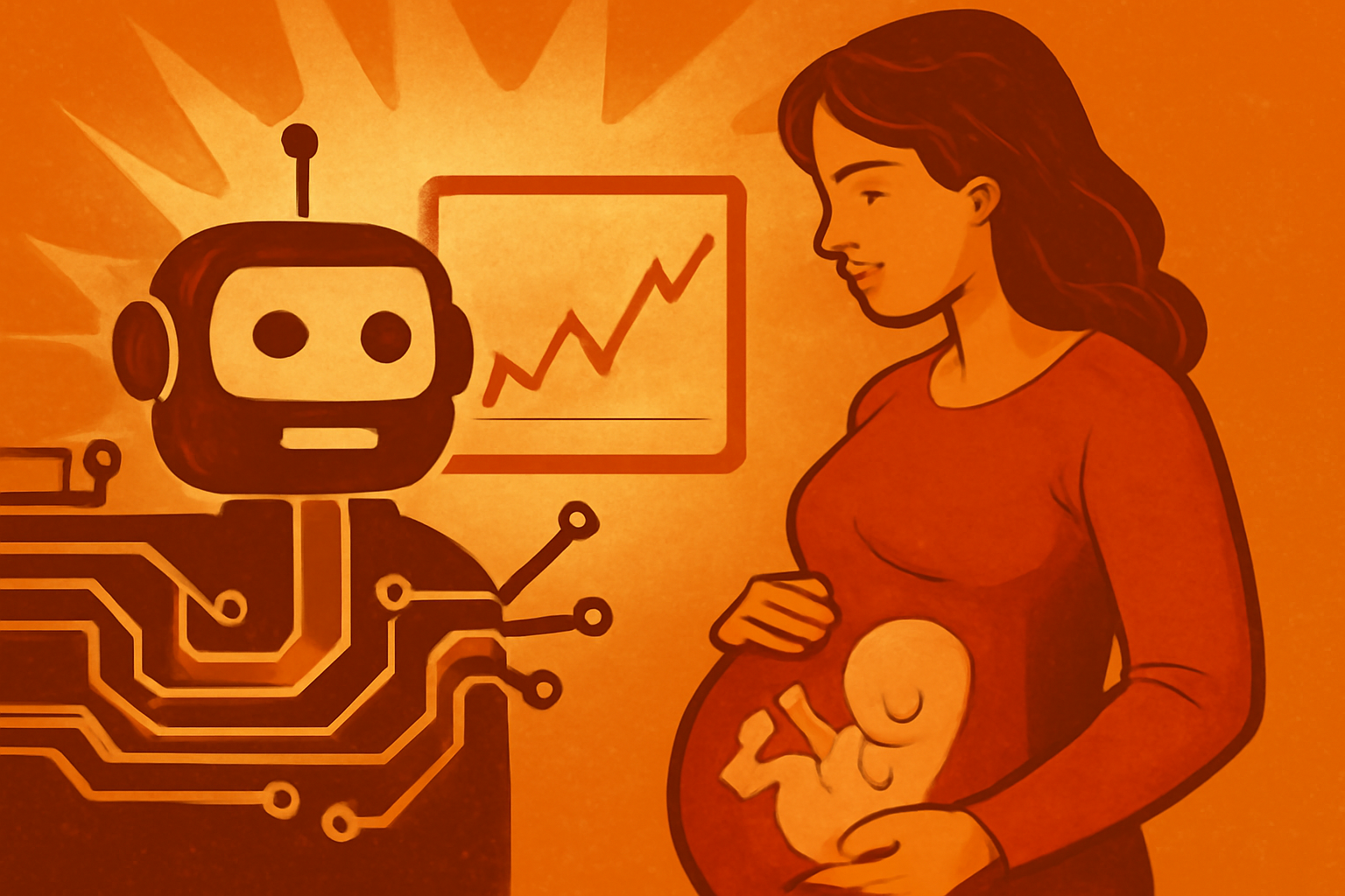A modern medical lab screen showing digital neural networks and health data charts related to pregnancy, with a blurred scientist in the background.