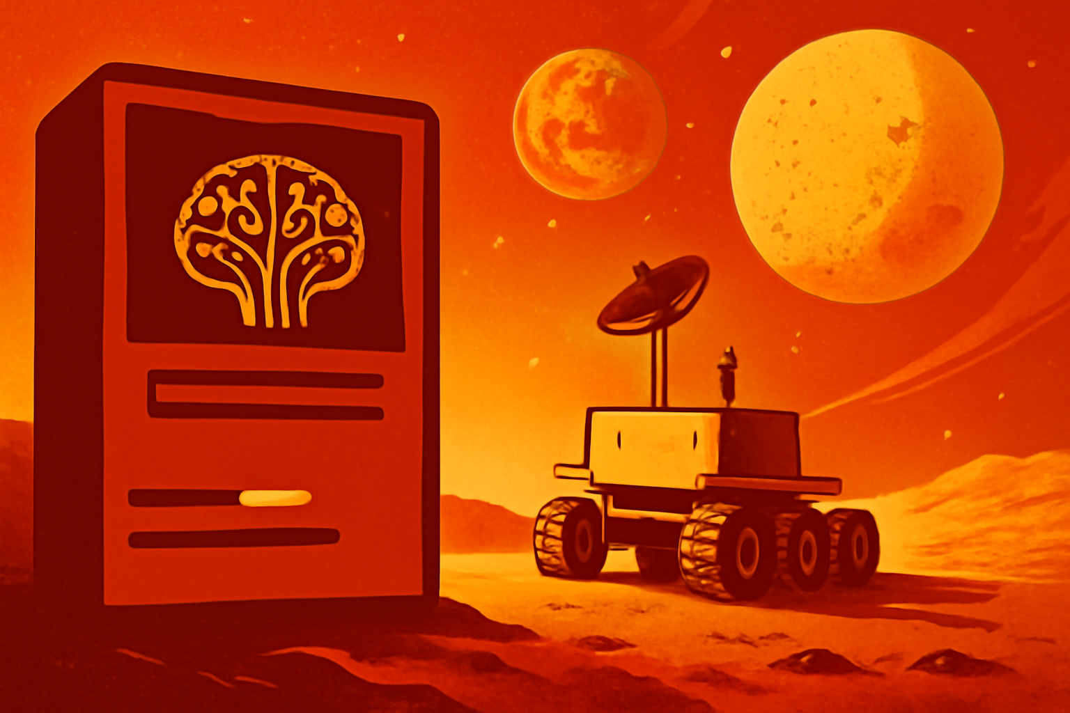 A high-tech lunar rover on the Moon's cratered surface with the Earth visible in the background, representing the integration of AI edge computing for autonomous space missions.