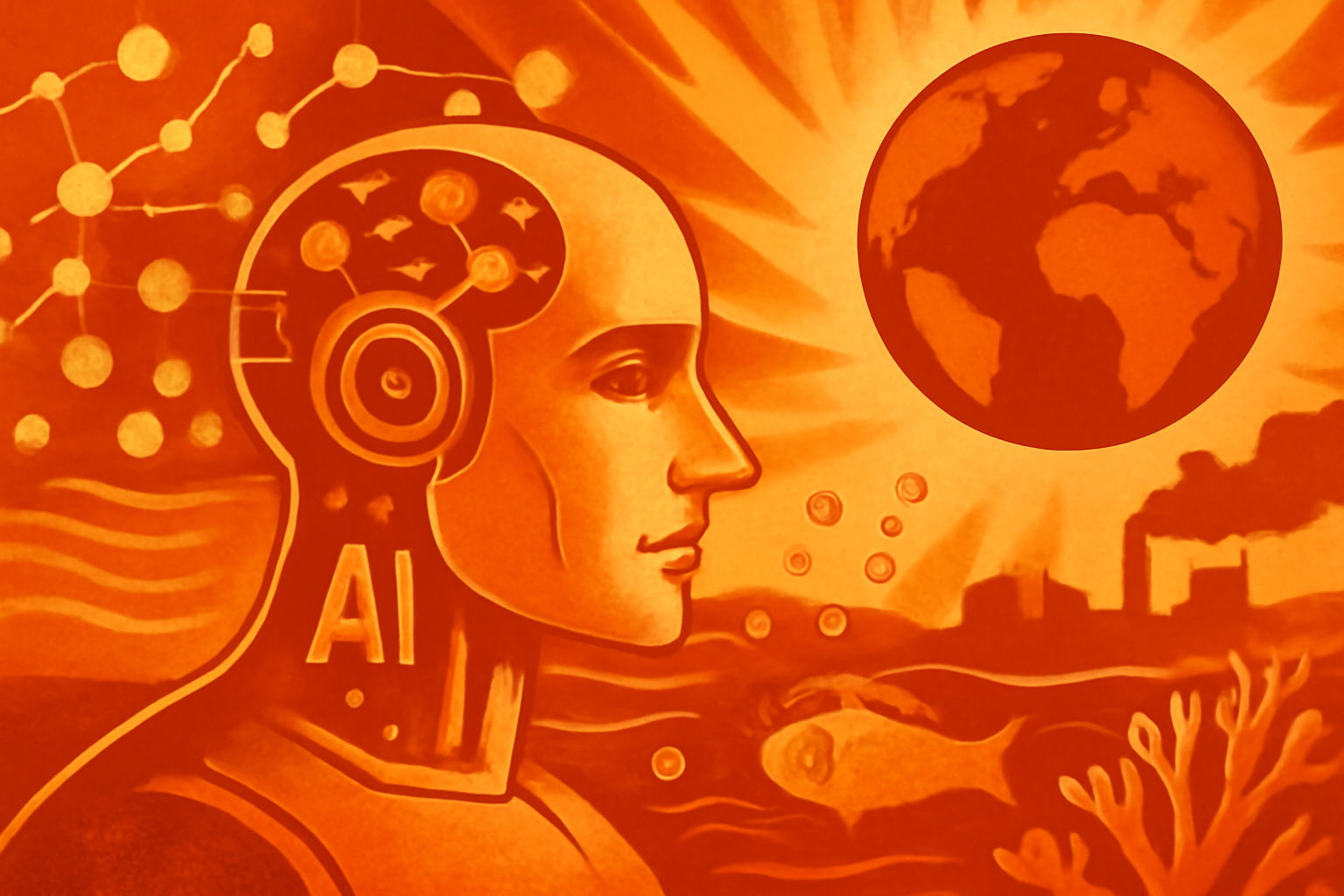 A digital display showing a glowing 3D river map with data streams representing AI-driven environmental analysis.