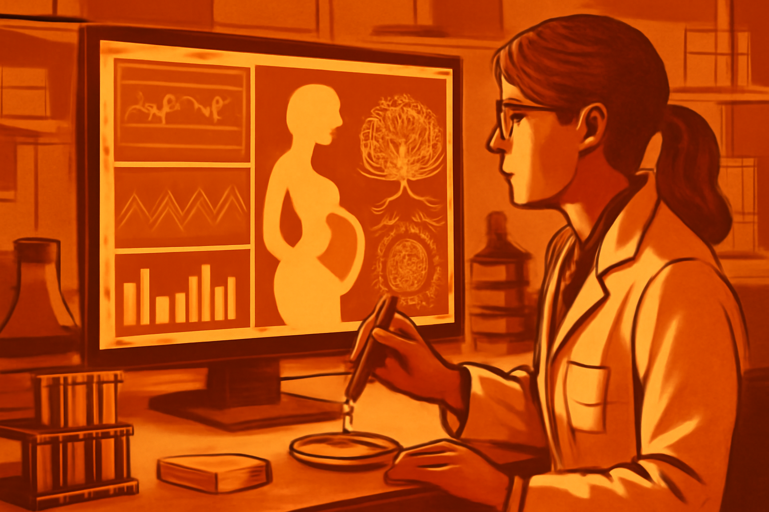 A digital monitor in a clean medical lab showing colorful data charts and a glowing brain-like network representing artificial intelligence.