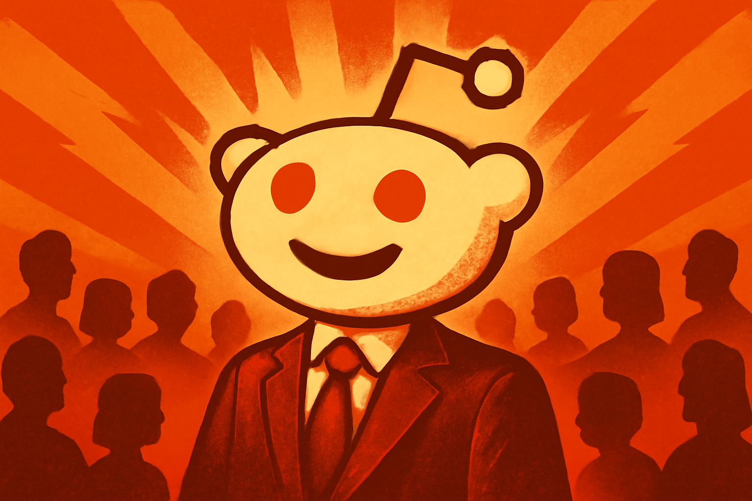 Reddit logo with a mountain of comments and icons representing community interaction