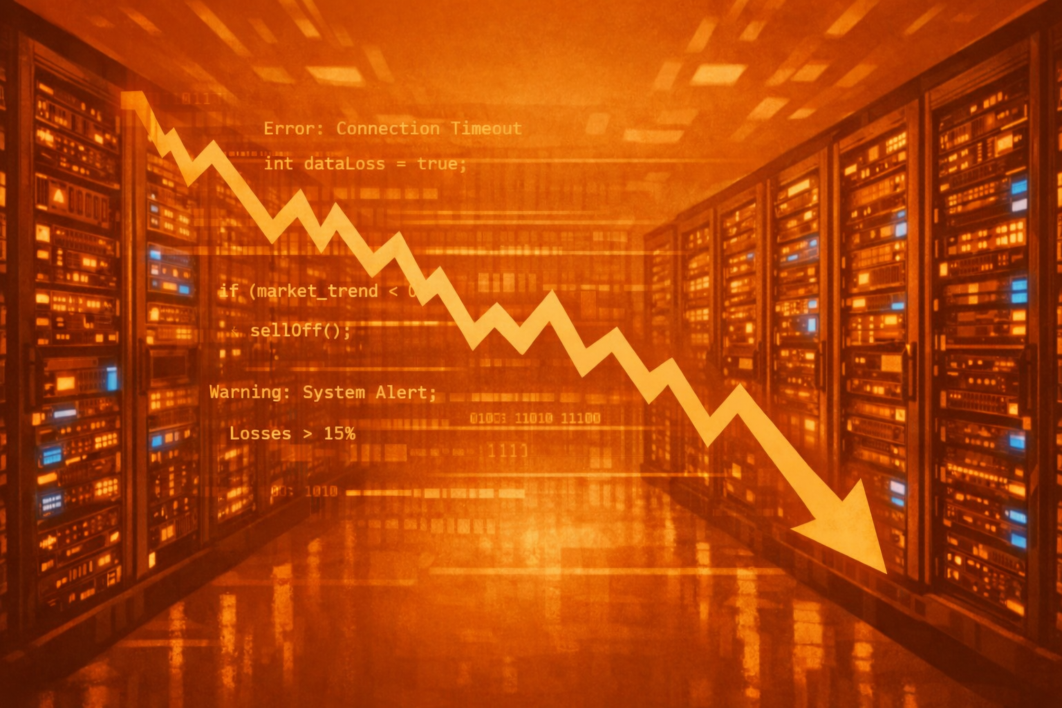 A photograph of a modern data center with glowing blue server racks. A transparent digital graphic of a declining stock market line and snippets of computer code are superimposed over the image.