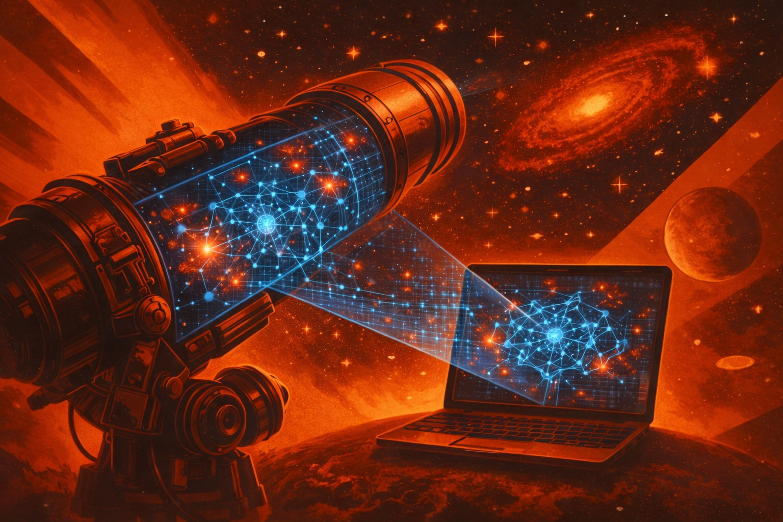 An editorial visualization of a space telescope focusing on distant red galaxies with a semi-transparent blue digital overlay representing artificial intelligence data analysis.